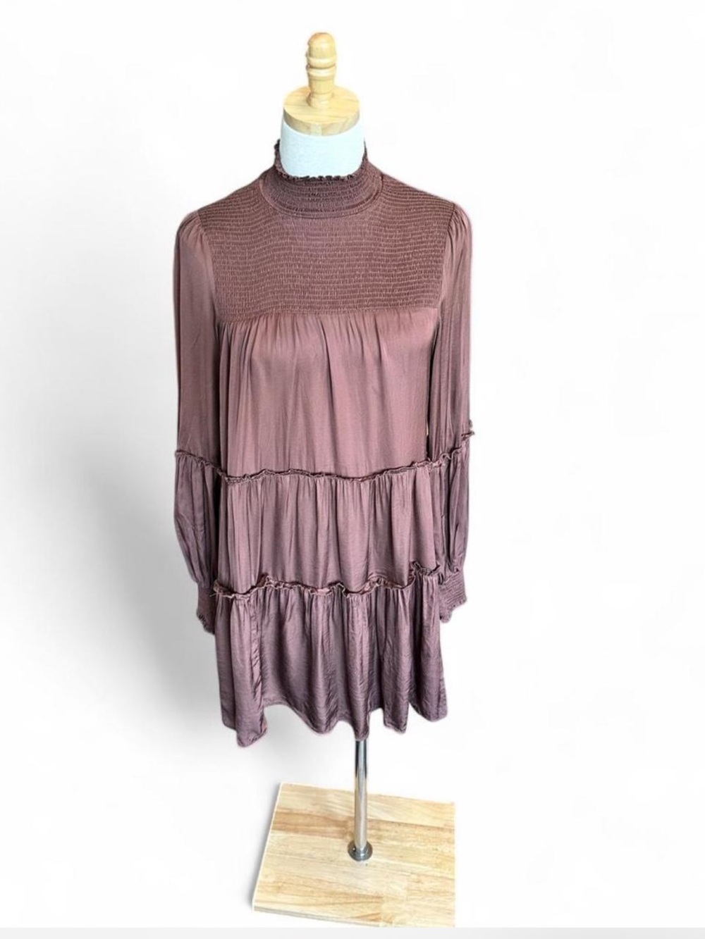 *Boutique* OLIVACEOUS Ruffle Smocked Tier Dress LS High Neck Deep Chocolate — S